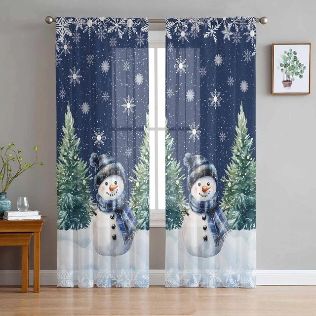 Transparente Tüll-Vorhänge mit Schneemann-Motiv für Weihnachten und Winter, Farbe Blau, B: 135 cm, H: 115 cm - Bild 1