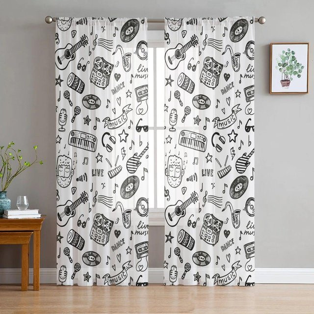 Transparentes Chiffon-Tüll-Vorhang mit Graffiti-Linien Design von Your Warm Home in Weiß, B/H: 135 x 137 cm - Bild 1