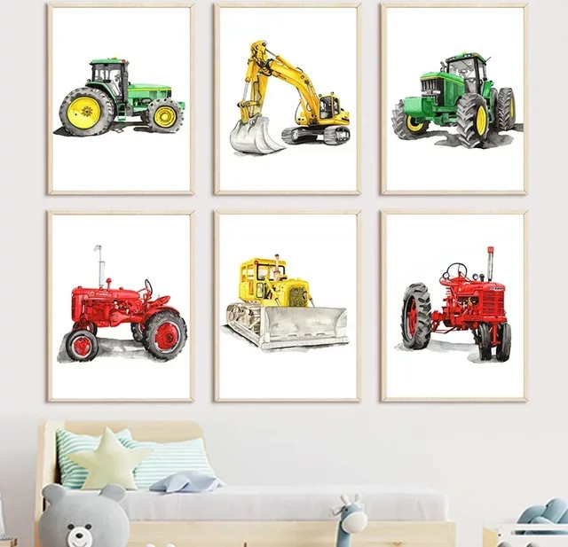 Potdemiel Wandkunst Leinwandmalerei Nordic Poster mit Bagger, Bulldozer, Loader und Traktor für das Kinderzimmer, Mehrfarbig - Bild 1