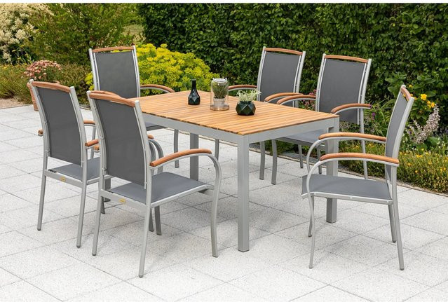 Merxx Siena Gartenmöbel Set 7-teilig aus Akazienholz und Aluminium in Schwarz und Grau, Tisch B: 150 cm, T: 90 cm, H: 74 cm mit 6 Stapelsesseln - Bild 1