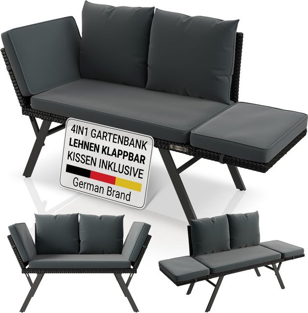 JUSKYS Gartenbank Calvia klappbare Polyrattan Bank mit Sonnenliegefunktion und Polsterung, schwarz/grau - Bild 1