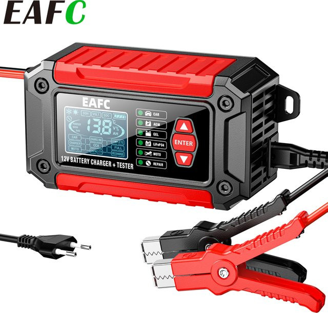 EAFC Vollautomatisches Autobatterieladegerät und Tester mit LCD-Display, 12 V, 6 A, SmartCharger für AGM, Tiefzyklus, Blei-Säure und LiFePO4, Farbe: Rot - Bild 1