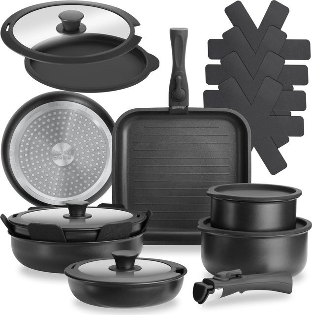 tectake Kochtopfset Parma 17-teilig aus Aluminium mit Antihaftbeschichtung in Schwarz, geeignet für Induktion, inklusive Pfannen und Töpfen - Bild 1