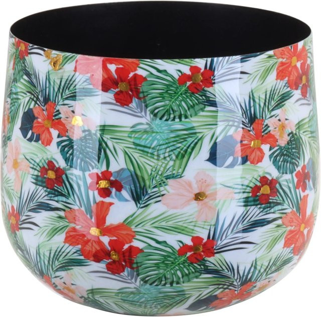A.H.G. Übertopf Flora Rund in Weiß, Gold und Multicolour mit floralem Design, B/T/H: 14 x 15 x 11 cm - Bild 1