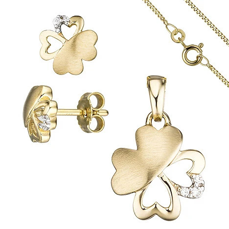Colfem Schmuck-Set Kleeblatt, 333 Gold, Gelbgold, Zirkonia, Ohrringe und Kette, 45 cm - Bild 1