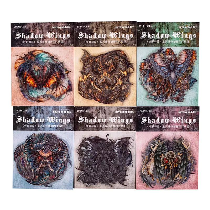 20 Stück Gothic Schattenfederflügel Aufkleber aus PET für dein Sammelalbum, Mehrfarbig, B: 13,0 cm, H: 8,0 cm - Bild 2