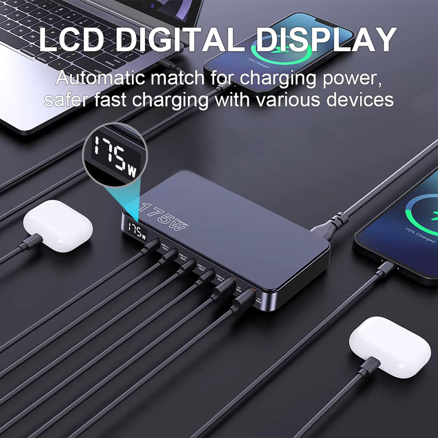 Ueetop 175 W GaN USB-C Desktop-Ladegerät mit LED-Anzeige, 6-Port Schnellladestation mit PD 100 W und PPS 45 W für MacBook, Samsung und iPhone, Schwarz - Bild 2