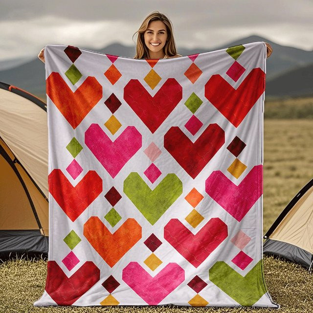 Bunte Retro-Decke mit geometrischem Herzmuster aus Polyester, Mehrfarbig - Bild 1
