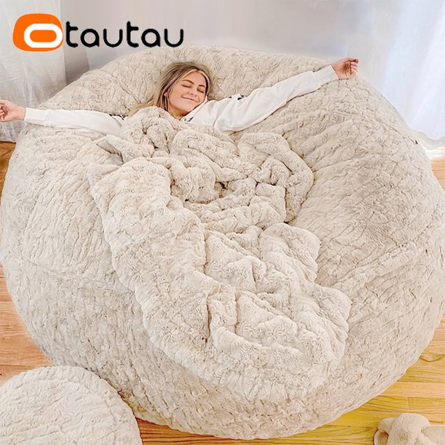 OTAUTAU Sitzsackbezug aus weichem Hasenfell in Weiß, 152 cm für Erwachsene - Bild 1