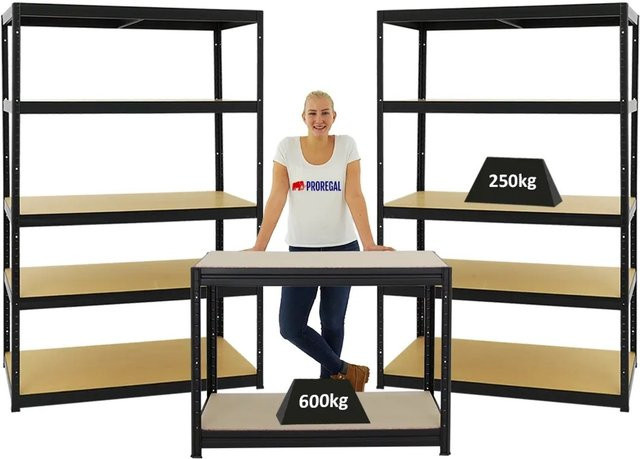 PROREGAL Set aus 2x Schwerlastregal Big Elephant M und 1x höhenverstellbarer Werkbank Slim Dino in Schwarz, H 180 x B 120 x T 60 cm und H 90 x B 120 x T 60 cm - Bild 1