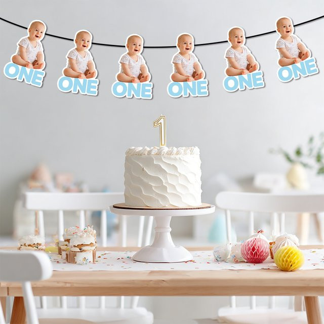 8-teiliges personalisiertes Foto-Banner von Cyuan für den 1. Geburtstag mit Baby-Gesicht Wimpelkette zur Party-Dekoration - Bild 1