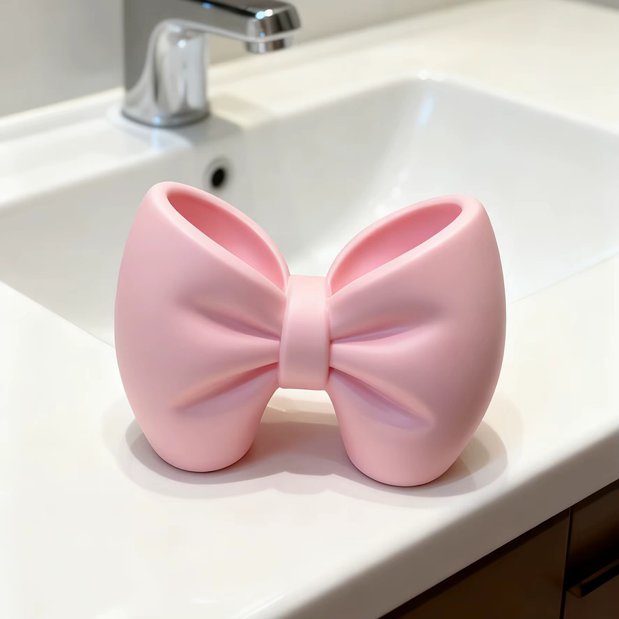 Multifunktionaler Schreibtischhalter mit Schleifenakzent in Pink als Organizer für Stifte und Zahnbürsten - Bild 3