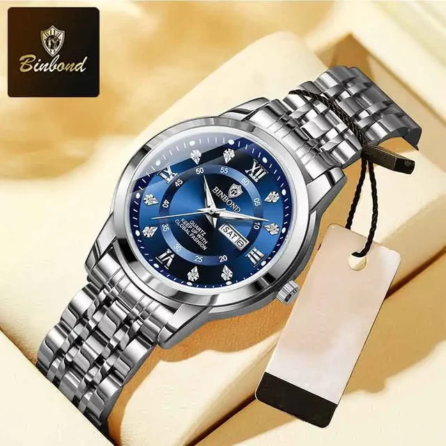 BINBOND Armbanduhr Quarz, Edelstahl, Blau, Damen, Wochentag, Datum - Bild 1