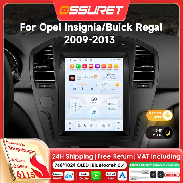 OSSURET 9,7 Zoll Wireless CarPlay Android 14 Autoradio für Opel Insignia und Buick Regal (2009 - 2013) mit GPS, Multimedia-Player und 360-Grad-Kamera in Schwarz - Bild 1
