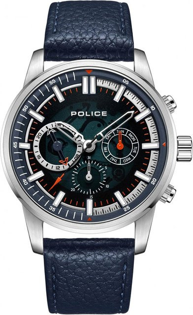 Police Herrenuhr, Quarz, Edelstahl, Blau, Leder, 46 mm - Bild 1
