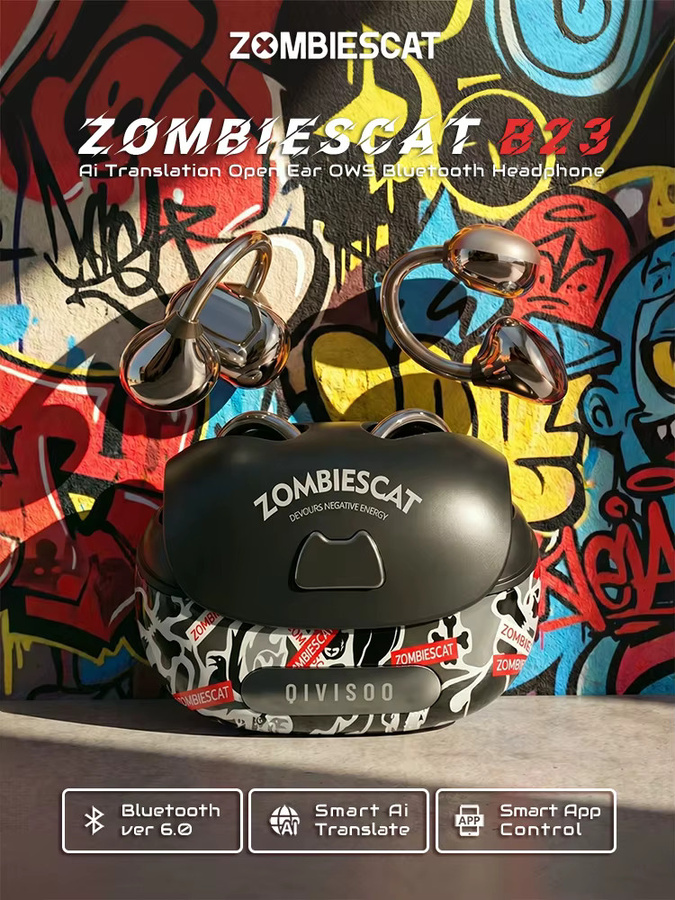 Zombies Cat B23 Graffiti Bluetooth 6.0 Ohrclip-Kopfhörer in Schwarz mit Echtzeit-KI-Übersetzung und OWS Kabellosem Design für die Smart-App - Bild 4