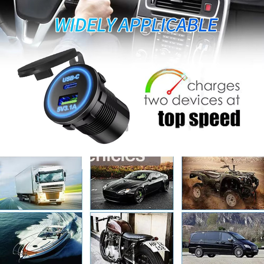 Velev Universal USB Type-C Ladegerät mit LED-Licht und Zigarettenanzünder-Steckdose für Auto, Lkw, Boot und ATV in Schwarz - Bild 4