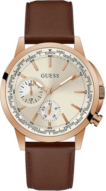 Guess Herrenuhr, Quarz, Edelstahl, Leder, Silber, Roségold, 44 mm - Bild 1