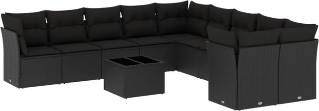 vidaXL 11-tlg. Garten-Sofagarnitur in U-Form aus schwarzem PE-Rattan mit Kissen und Gartentisch - Bild 1
