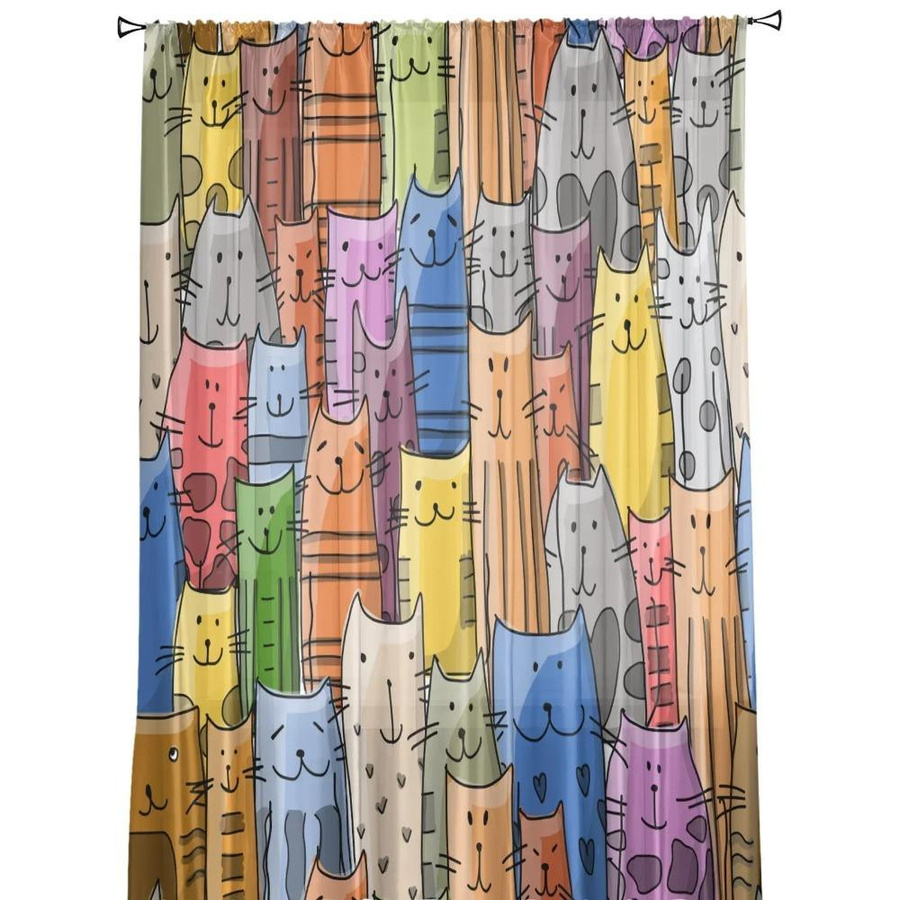 Yiran Furniture Transparentes Tüll-Fensterdekoration mit Katzen-Motiv in Mehrfarbig, Breite: 135 cm, Höhe: 115 cm - Bild 3
