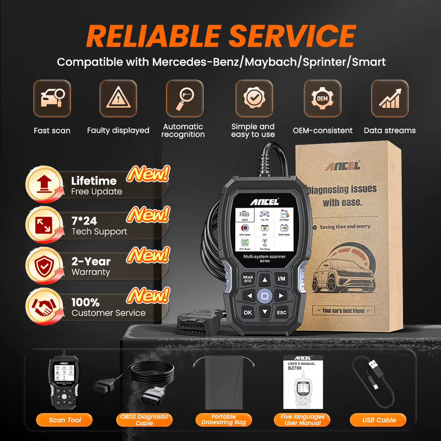 ANCEL BZ700 OBD2-Scanner für Mercedes Benz, Kfz-Diagnosegerät mit Reset-Services und Batterieregistrierung, Schwarz - Bild 4