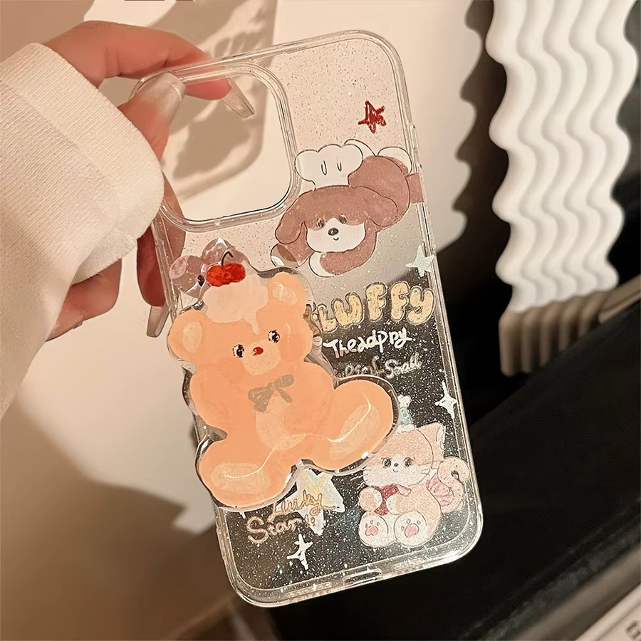 MUQGEW Handyhülle mit süßem Bär-Cartoon-Design für iPhone 11 12 13 14 15 16 Pro Max, transparent und glitzernd, stoßfeste Schutzhülle - Bild 5