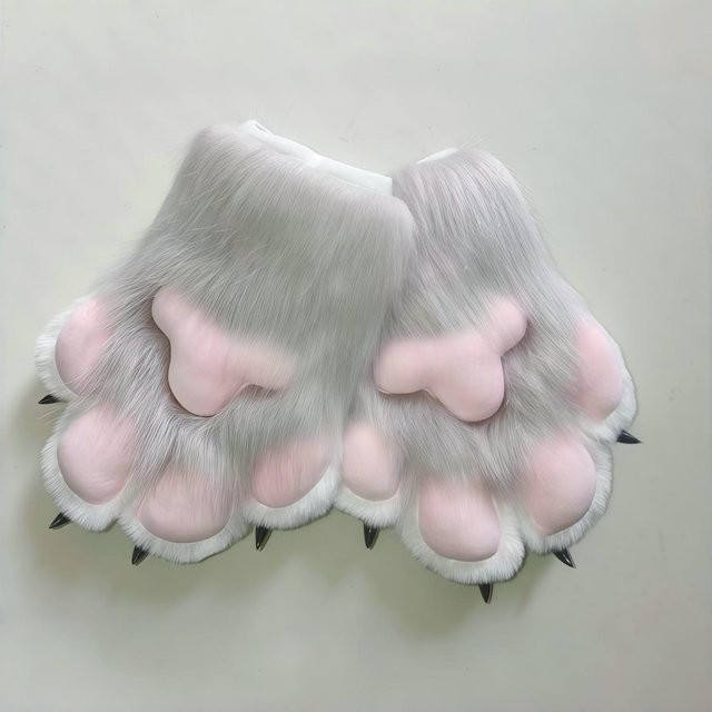 Fursuit Pfoten, Tier Handschuhe, Plüsch, hellgrau - Bild 1