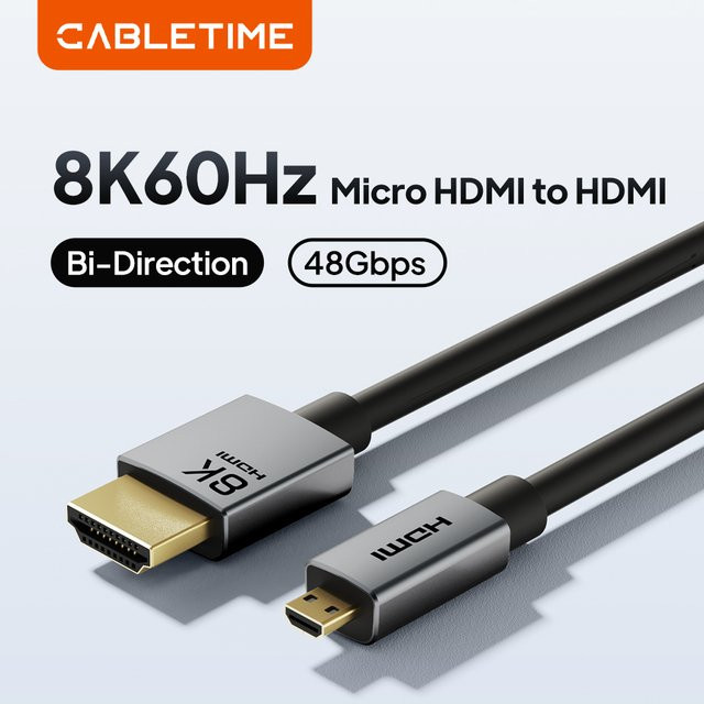 CABLETIME Micro-HDMI-Kabel 2.1 in Schwarz für 8K/60Hz und 3D-Effekte - Bild 1