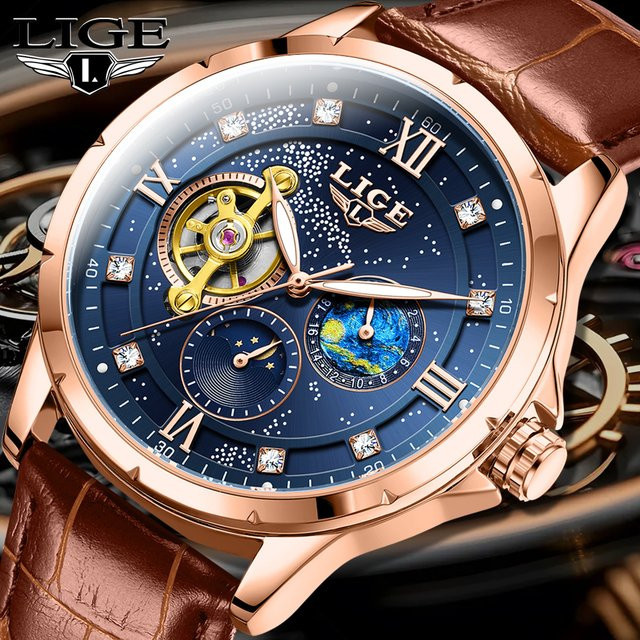 LIGE Herrenuhr, Automatik, Analoguhr, Blau, Roségold, Leder, Zirkonia - Bild 1