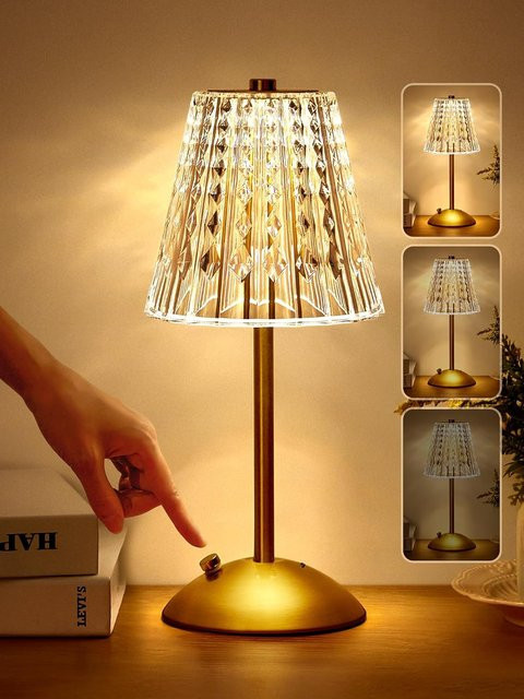 Wiederaufladbare Kristall-LED-Tischlampe mit Touch-Sensor und Dimmfunktion in Gold/Messing, transparente Dekoleuchte für Schlafzimmer und Bar, Höhe: 29,5 cm, Breite: 10,5 cm - Bild 1
