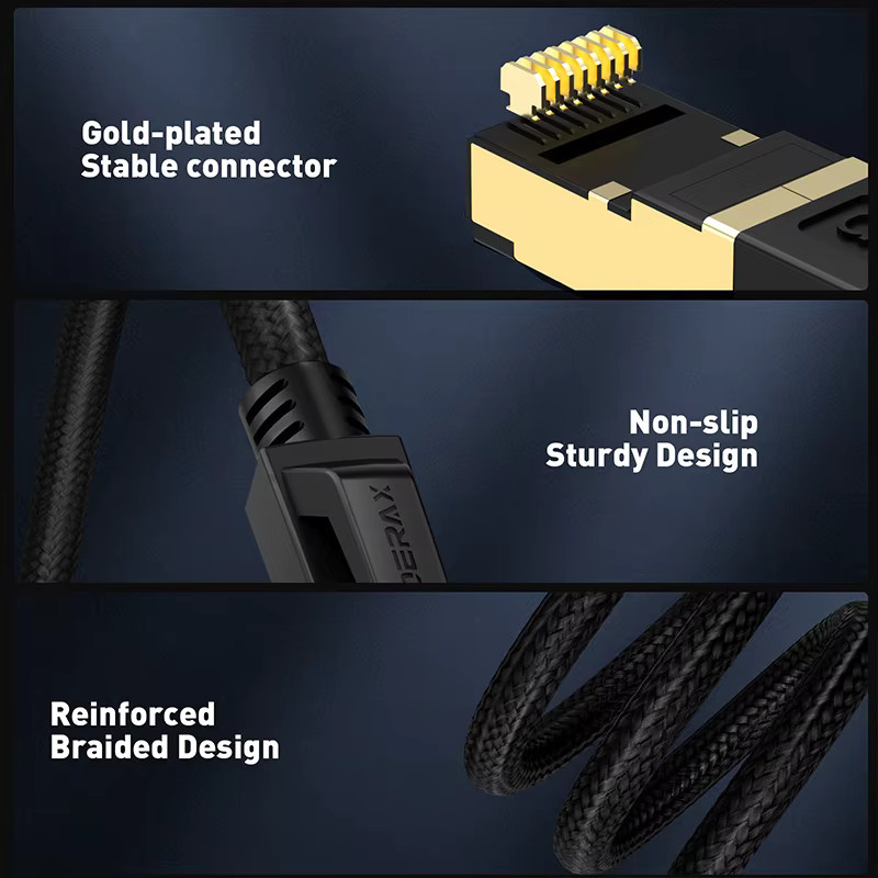 ZoeRax Cat 8 Ethernet LAN Kabel mit RJ45 Stecker, flach und nylon geflochten, Farbe: Schwarz - Bild 2