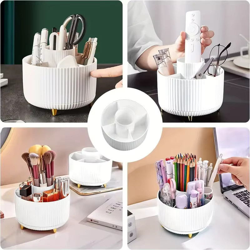Multifunktionaler 5-Fach Make-up-Pinselhalter mit 360 Grad Drehung, Schreibtisch-Organizer aus Kunststoff in Blau und Weiß - Bild 2