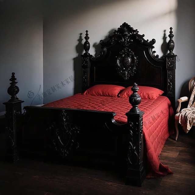 Neoklassizistisches Doppelbett aus Massivholz in Schwarz im Retro-Design mit Schnitzereien - Bild 1