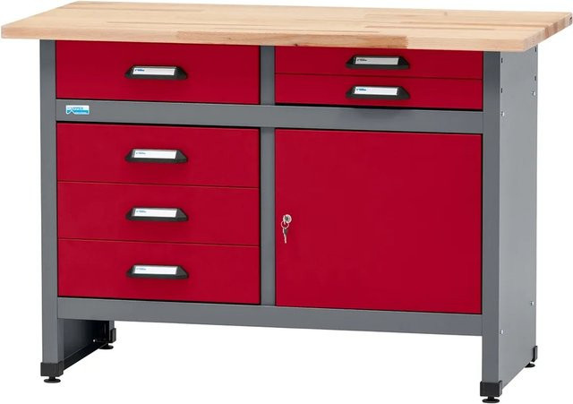 Küpper Werkbank eintürig mit 6 Schubladen aus Vollbuchenplatte, Dunkelrot, B/T/H: 120 x 60 x 84 cm - Bild 1