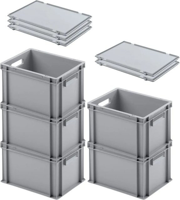 PROREGAL SuperSparSet 5er Pack Eurobehälter mit Scharnierdeckel und offenem Griff, Grau, H x B x T: 23,5 x 30 x 40 cm - Bild 1