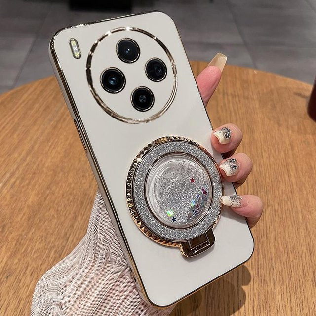 VIVO X300 Pro Hülle aus weichem Silikon mit Ständer und vergoldetem Treibsand-Design in Weiß und Gold - Bild 1