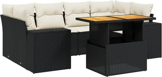 vidaXL 7-teilige Garten-Sofagarnitur in L-Form aus Poly-Rattan und Akazienholz mit Kissen in Schwarz und Cremeweiß - Bild 1