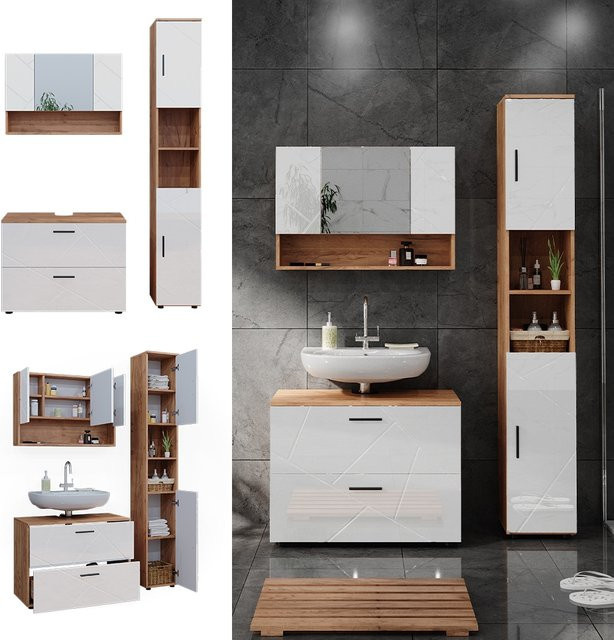 Vicco Badmöbelset Irma in Eiche und Weiß Hochglanz, 3-teiliges Badezimmer-Set mit Spiegelschrank und Waschtischunterschrank - Bild 1