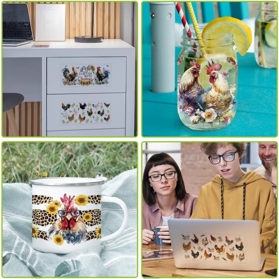 10 Blatt UV DTF Cup Wrap Transfer-Aufkleber im Bauernhof-Design mit Huhn und Hahn, Multicolor, passend für 16 Unzen Gläser - Bild 3