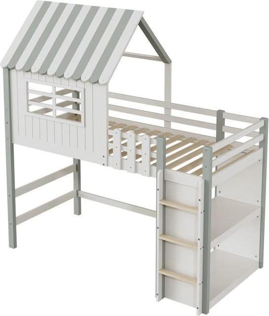 KOMHTOM Kinder Hochbett aus Massivholz mit Dachform und Sicherheitsleiter in Grün, B/T/H: 218,5 x 90 x 102 cm - Bild 1