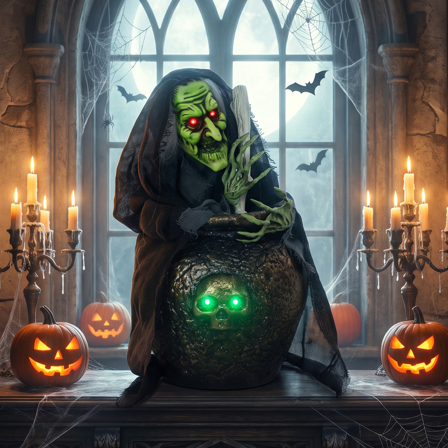 Aosom Animierte Halloween-Tischhexe mit Kessel, Lachsound und leuchtenden Augen, Höhe: 47 cm - Bild 2