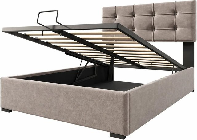 okwish Polsterbett mit Stauraum in Hellgrau, B/T/H: 90 x 200 x 103 cm (Höhe: 96 cm) - Bild 1