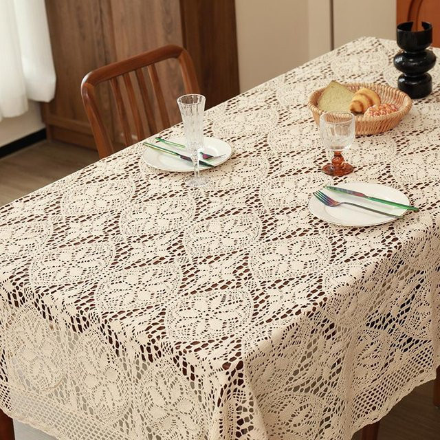 JMG Household Supplies Tischdecke aus Baumwolle und Leinen in Off-White, gehäkelt mit Spitze, B/L: 100 x 150 cm - Bild 1