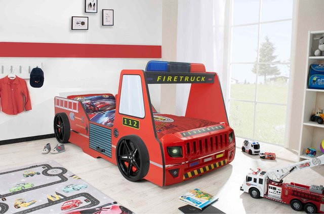 Aileenstore Kinder Autobett Rio Firetruck in Rot mit LED-Licht und Sirenenoptik, B/T/H: 90 x 200 cm - Bild 1