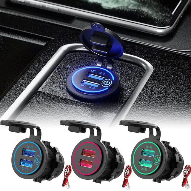 Wasserdichtes Dual USB Auto Ladegerät mit QC3.0 Schnellladefunktion und berührbarem Schalter für 12/24 V in Schwarz - Bild 1