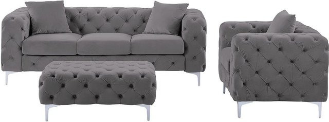 Vente-unique Couchgarnitur Edwina in Anthrazitgrau bestehend aus 3-Sitzer-Sofa, Sessel und passendem Ottoman im Chesterfield-Stil mit Samtbezug, B/T/H: 220 x 106 x 103 cm - Bild 1