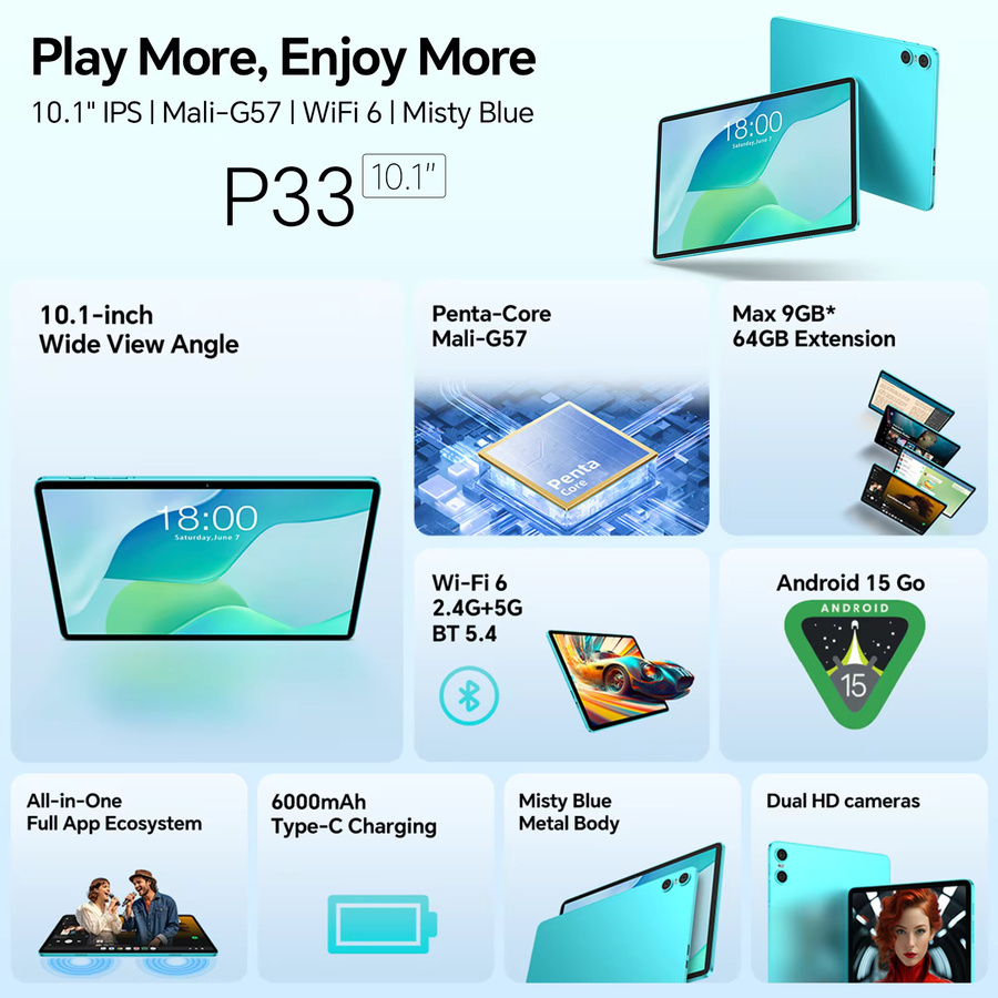 Teclast P33 Tablet mit 10,1 Zoll Display, Android 15, 9GB RAM, 64GB ROM, Wi-Fi 6, USB-C und Kopfhöreranschluss - Bild 2