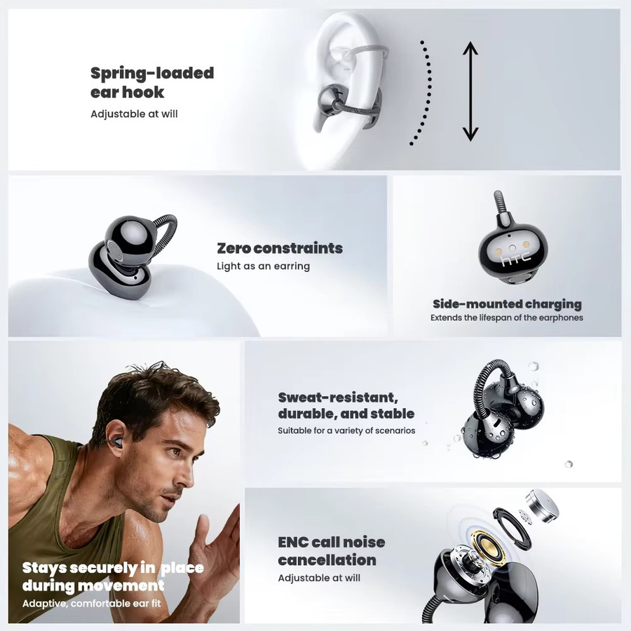 HTC NE67 Bluetooth V6.0 Ohrhörer mit AI-Übersetzer, TWS Ohrclip Kabellose Kopfhörer in Schwarz mit Hängekette - Bild 4