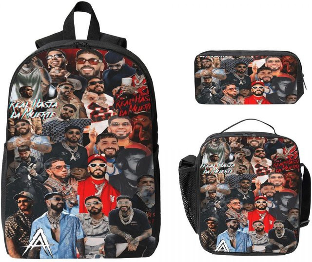 Schultaschen Set Anuel AA Rapper mit Rucksack, Brotdose und Federmäppchen von Fancy Style Studio in Multicolour - Bild 1