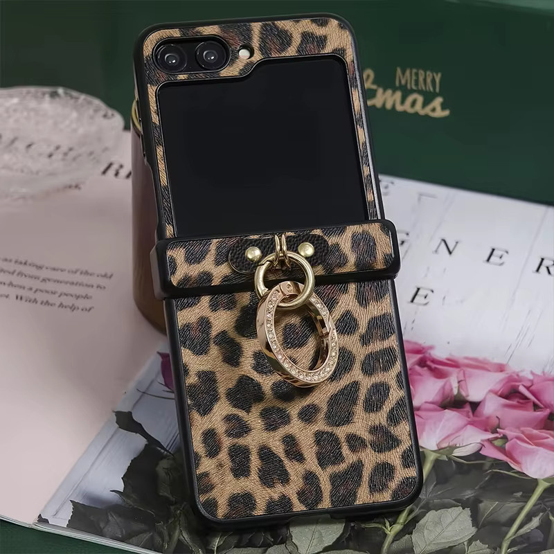 Leopardenmuster Hartschalen Handyhülle für Samsung Galaxy Z Flip 5 4 3 5G mit Diamantbeschichtetem Ringverschluss in Braun Multicolour - Bild 3